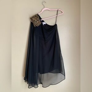 Dress The Population Little Black Dress Swing Sheer One Shoulder Gold Studs Goth